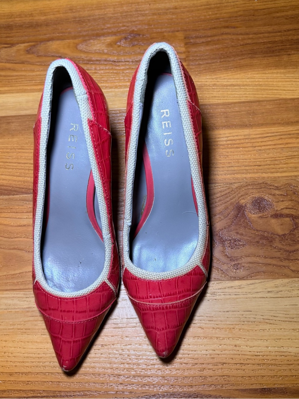 Reiss Red Croc-Embossed Pointed Toe Pumps